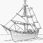 Black and white line art of a pirate ship with a large sail, designed for children's coloring book, featuring bold outlines and simple cartoon style.
