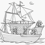 Black and white outline of pirates on a ship with a treasure chest, perfect for a coloring book page with simple line art style.