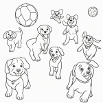 A group of playful puppies with bold outlines chasing a ball on a coloring book page, perfect for dog lovers and coloring enthusiasts.