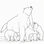 Simple line art of polar bears playing in the snow, designed as a coloring book page, featuring black and white outlines without shading or color.