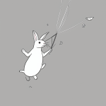 A simple cartoon drawing of a rabbit flying a kite, designed as a coloring page with bold outlines and no shading, perfect for kids' creativity.