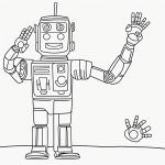 A cartoon-style robot waving hello, designed as a coloring page with bold outlines, perfect for both kids and adults to enjoy coloring.