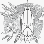 Cartoon rocket ship coloring page with bold black outlines, designed for kids to color, featuring a simple white background and no shading for easy coloring.