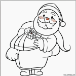 Simple cartoon drawing of Santa Claus with gifts, featuring bold outlines and no shading, perfect for a festive coloring page.