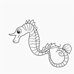 Simple cartoon drawing of a seahorse with a curly tail, ideal for coloring. Black and white line art with bold outlines, perfect for kids and adults.