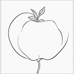 A simple cartoon drawing of an apple with a leaf, styled as a coloring page with bold outlines and no shading, perfect for creative coloring fun.