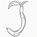 Simple cartoon drawing of a banana in black and white line art, featuring bold outlines and no shading, ideal for a coloring page.