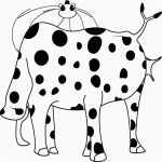 Simple cartoon drawing of a cow with spots, coloring page style, featuring bold outlines and black and white line art, perfect for kids' creativity.