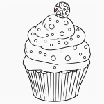 A simple black and white cartoon drawing of a cupcake with sprinkles, featuring bold outlines and no shading, perfect for coloring.