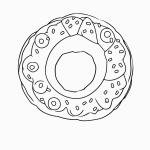 A simple cartoon drawing of a donut with frosting, featuring bold outlines in black and white line art, perfect for a coloring page.