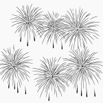 A simple cartoon drawing of fireworks in the sky, designed as a coloring page with bold outlines and black and white line art, perfect for coloring enthusiasts.