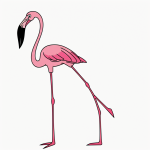 Simple cartoon drawing of a flamingo standing on one leg, in black and white line art style with bold outlines, no shading, perfect for coloring pages.