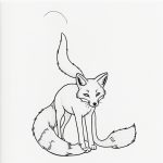 A simple cartoon drawing of a fox with a fluffy tail in a coloring page style, featuring bold outlines and no shading.