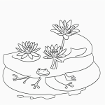 A simple cartoon drawing of a frog sitting on a lily pad, designed in a coloring page style with black and white line art and bold outlines.