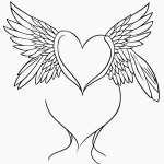 A simple cartoon drawing of a heart with wings, designed as a coloring page with bold outlines and no shading, perfect for creative coloring activities.