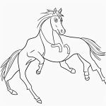 Simple cartoon drawing of a happy horse running, with bold outlines and black and white line art, perfect for a coloring page.
