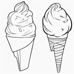 Simple cartoon drawing of an ice cream cone in black and white line art style, featuring bold outlines and no shading, perfect for coloring pages.