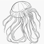 Black and white cartoon drawing of a jellyfish with long tentacles, designed in a coloring page style with bold outlines and no shading.