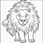 Simple cartoon drawing of a lion with a fluffy mane in black and white line art style, featuring bold outlines, perfect for coloring and creativity.