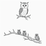 Simple cartoon drawing of an owl sitting on a tree branch, coloring page style with bold outlines and no shading, perfect for creative coloring enthusiasts.