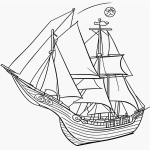 Simple cartoon drawing of a pirate ship with a big sail, featuring bold outlines and no shading, ideal for a children's coloring book page.