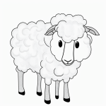 A simple cartoon drawing of a sheep with fluffy wool, designed as a black and white line art coloring page with bold outlines and no shading.