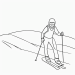 A simple cartoon drawing of a skier on a slope, perfect for coloring. The black and white line art features bold outlines and no shading, ideal for all ages.