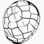 Black and white line art of a simple cartoon soccer ball with bold outlines, perfect as a coloring page for kids and adults alike.