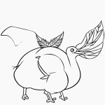 Black and white line art of a simple cartoon turkey with bold outlines and detailed feathers, perfect for kids' coloring activities.
