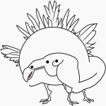 A simple cartoon drawing of a turkey with big feathers, featuring bold outlines and no shading, perfect for a black and white coloring page.