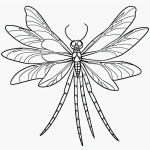 A simple cartoon drawing of a dragonfly with long wings in coloring page style, featuring bold outlines and no shading, perfect for coloring enthusiasts.