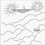 Simple line art of an airplane flying above clouds with a smiling sun, designed for coloring books, featuring black and white outlines without shading.