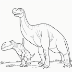 Simple line art of dinosaurs including T-rex, Triceratops, and Brontosaurus in a prehistoric land, ideal for a black and white coloring book page.
