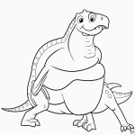Simple cartoon drawing of a smiling dinosaur in coloring page style with thick, bold outlines and no shading, perfect for kids' coloring fun.