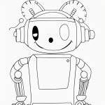 Black and white line art of a smiling robot with bold outlines, buttons, and an antenna, designed for a children's coloring page.