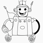 A simple cartoon drawing of a smiling robot with buttons and an antenna, designed in a children's coloring book style, featuring bold outlines and no shading.