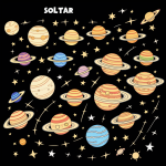 Illustration of the solar system in cartoon style with bold black outlines on a plain white background, designed for a child-friendly coloring book page.