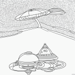 Simple line art illustration of space aliens waving next to a UFO, designed in a coloring book style with black and white outlines.