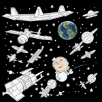 Cartoon-style space station coloring page for kids with bold black outlines on a white background, ideal for creative coloring and space exploration.