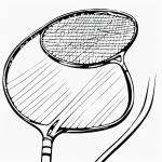 Simple cartoon drawing of a tennis racket and ball in coloring page style with bold outlines and no shading, perfect for creative coloring.
