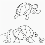Uncolored turtle cartoon with bold black outlines on plain white background, designed in a vector clipart style for a child-friendly coloring activity.
