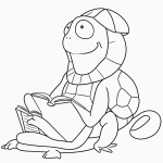 A simple cartoon drawing of a turtle reading a book, designed as a coloring page with bold outlines and no shading, perfect for coloring enthusiasts.