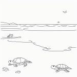 Simple line art of turtles walking on the beach towards the ocean, perfect for a coloring book page with no shading or color, just black and white outlines.