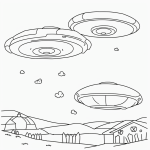 Cartoon UFO flying over a farm with bold black outlines on a white background, perfect for a child's coloring activity.
