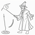 A cartoon-style wizard casting a spell on a coloring book page with bold outlines, perfect for imaginative coloring without shading or background.