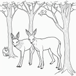 Line art of woodland animals including deer, fox, and rabbit under trees in a black and white outline, ideal for coloring book enthusiasts.